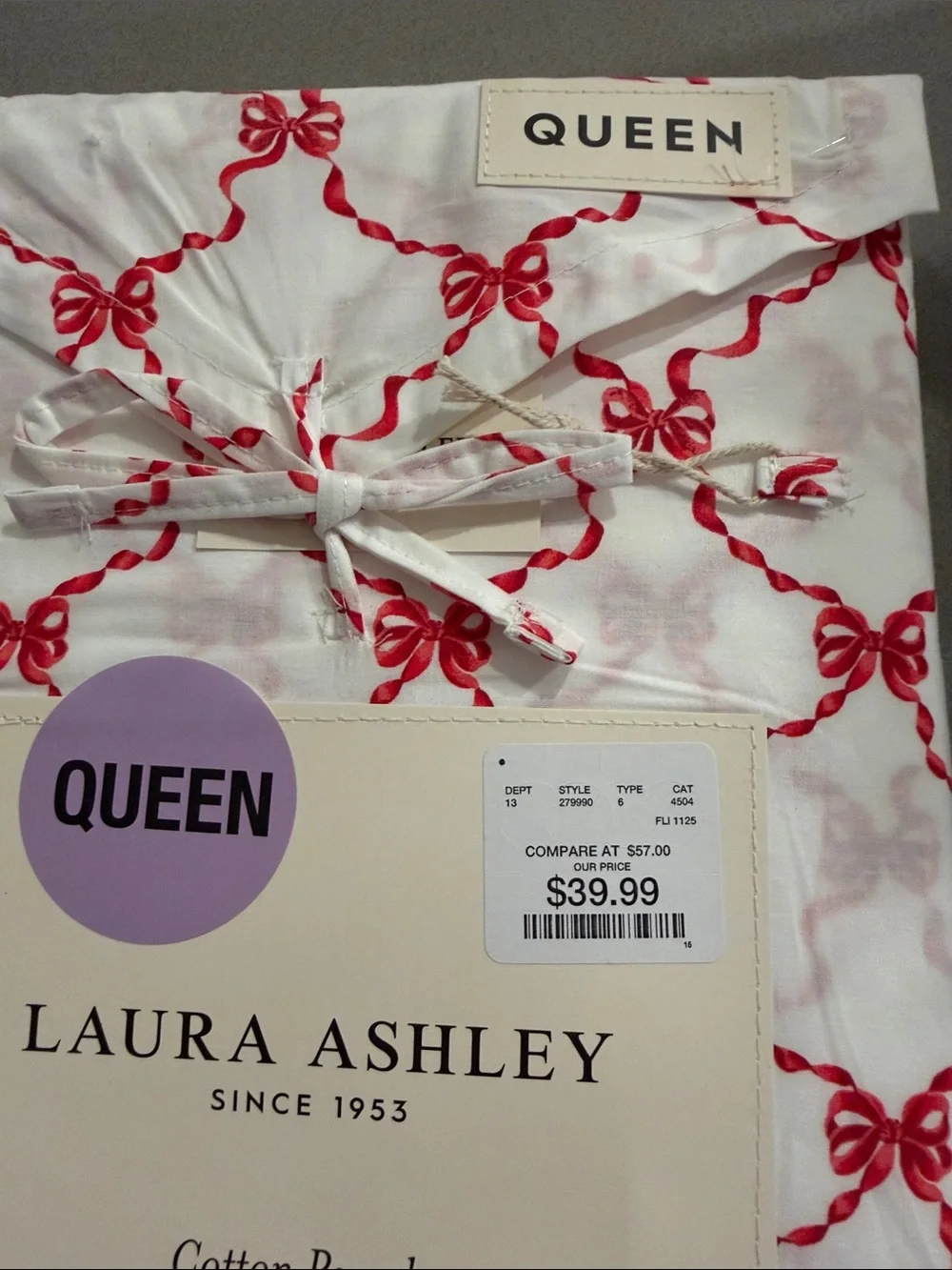 Laura Ashley White Cotton Percale Sheet Set with Red Bow Print